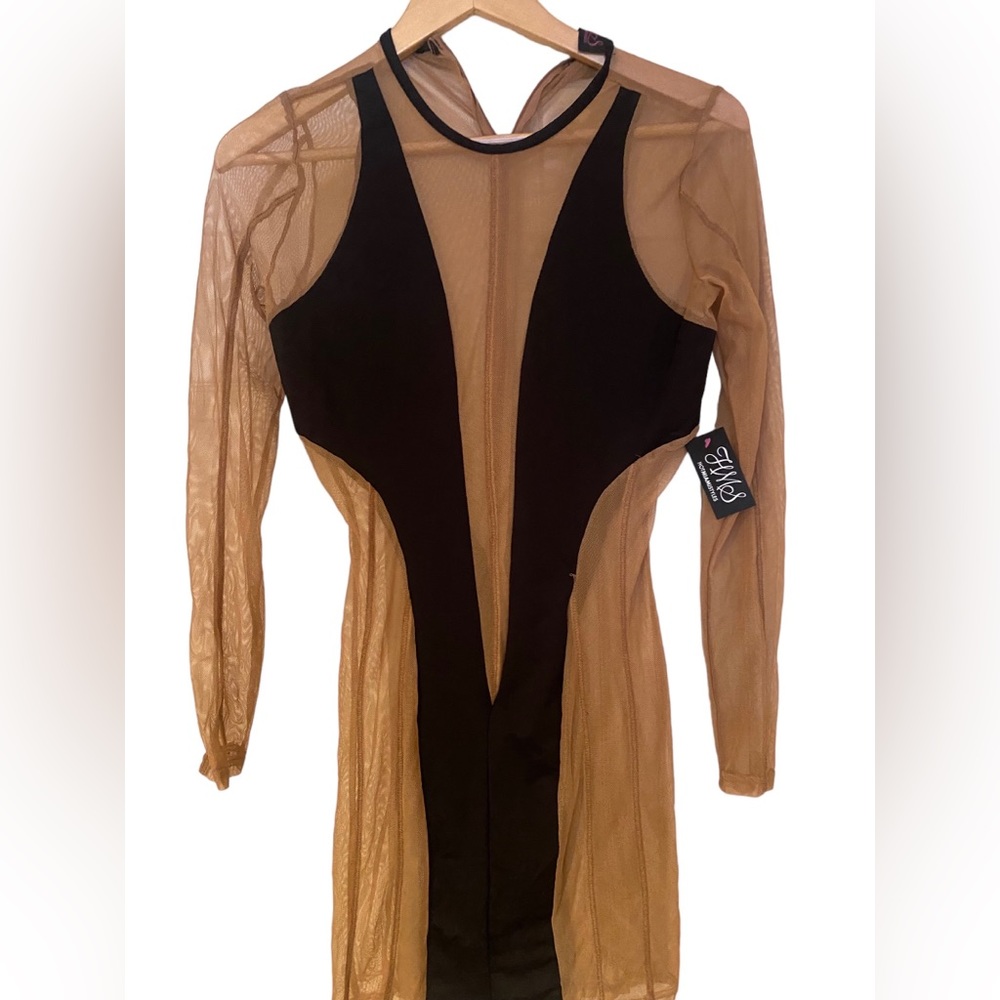 Sexy dress, NWT.  Color brown sheer with black panels. Zipper back. Size L